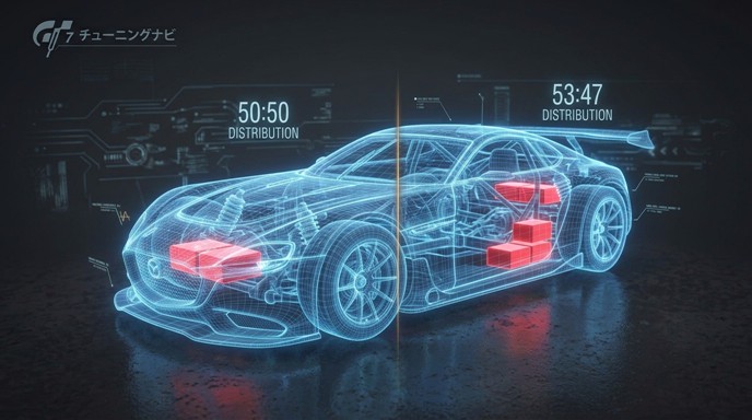 GT7の前後重量配分とバラスト位置を考えるイメージ