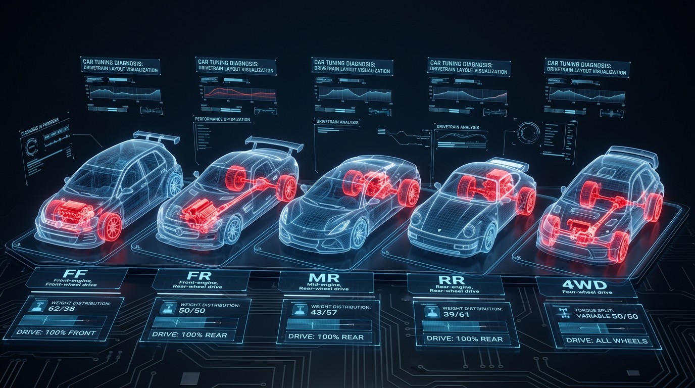 GT7のFF・FR・MR・RR・4WDを症状別に診断するイメージ